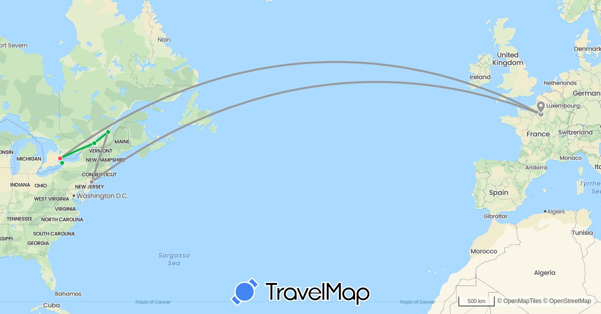 TravelMap itinerary: driving, bus, plane, hiking in Canada, France, United States (Europe, North America)