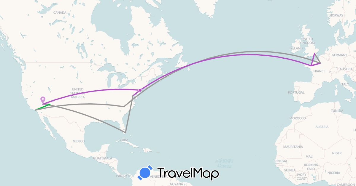 TravelMap itinerary: bus, plane, train in France, United Kingdom, United States (Europe, North America)